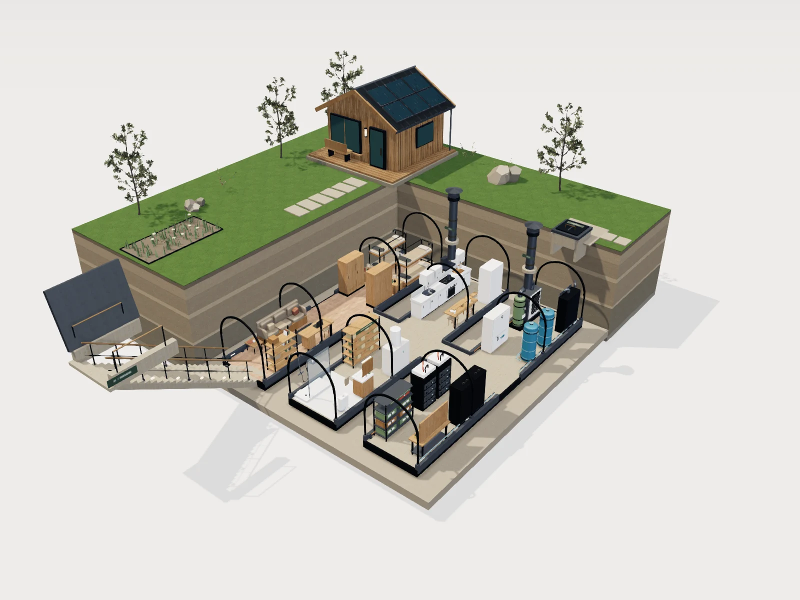 Arkitektonisk konsept med bolig på overflaten og tre parallelle underjordiske moduler i snitt