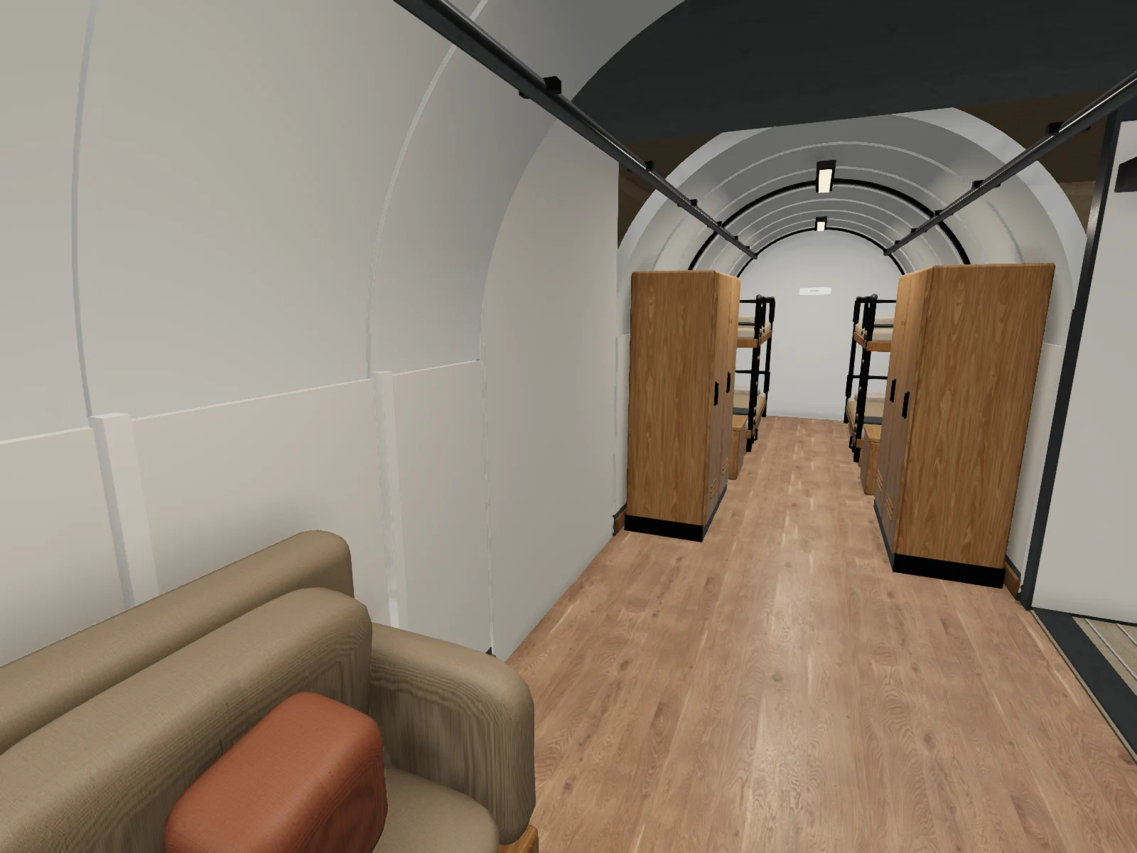 Innvendig visning fra 3D-modellen med eikegulv, sofa og soveplasser